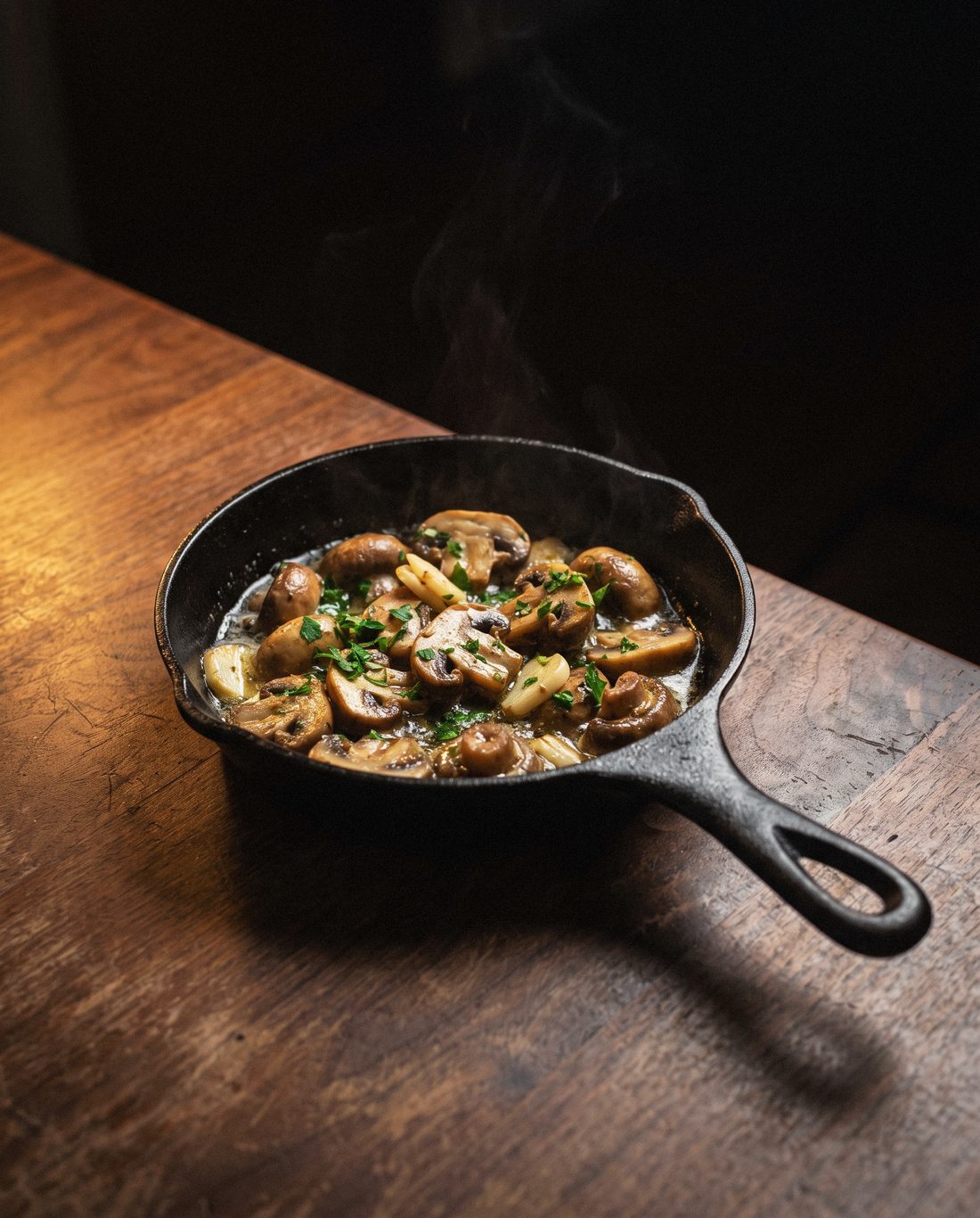 Sauteed garlic mushrooms in a cast iron skillet