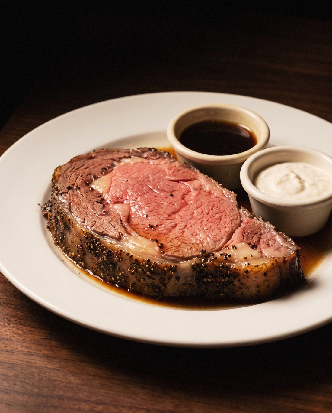 Slow roasted prime rib with au jus and creamy horseradish