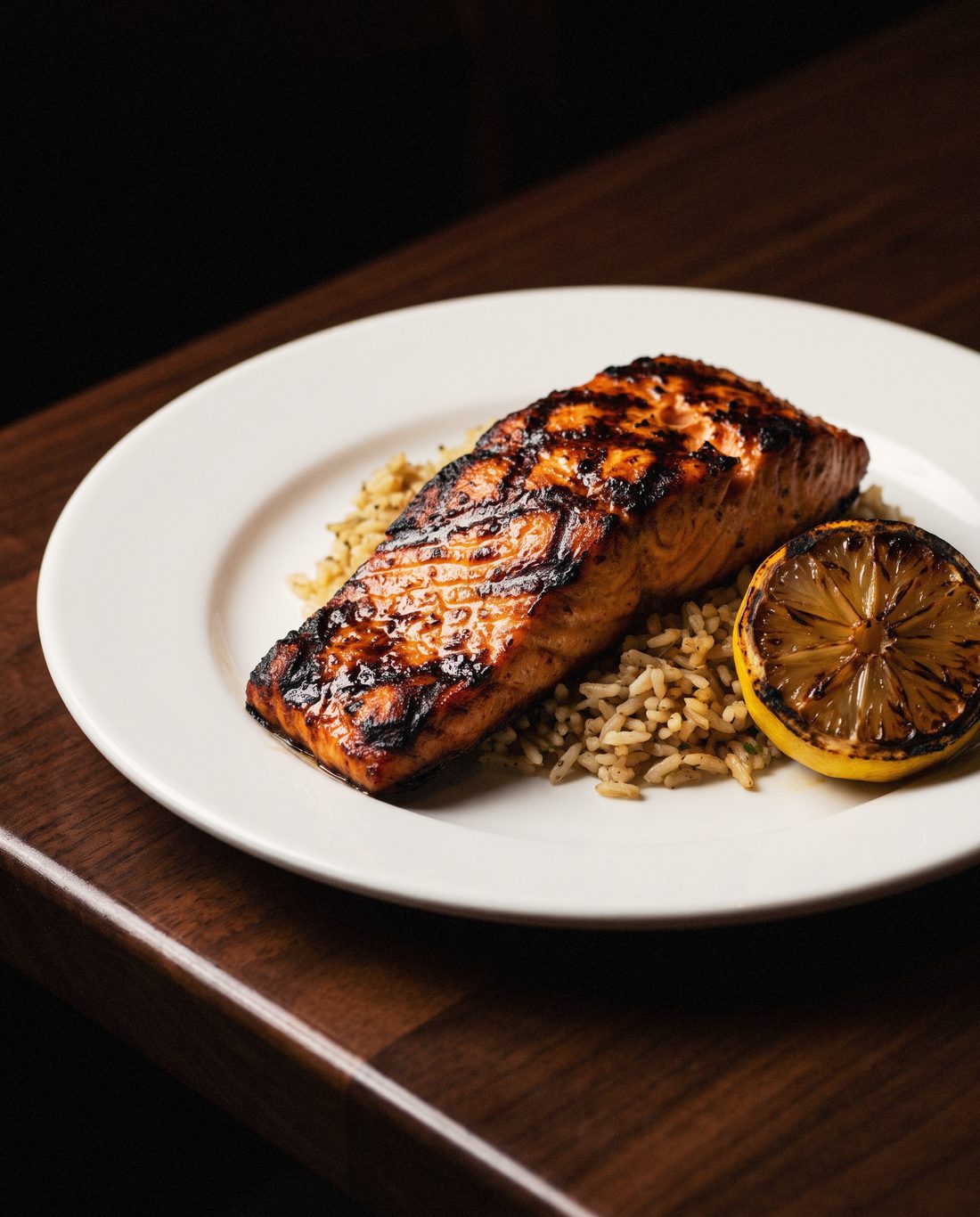 Charbroiled Atlantic salmon over rice